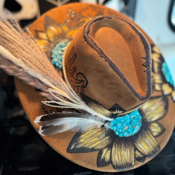 Burned Hat with flowers, Guitar and Lyrics by Hats by Kat